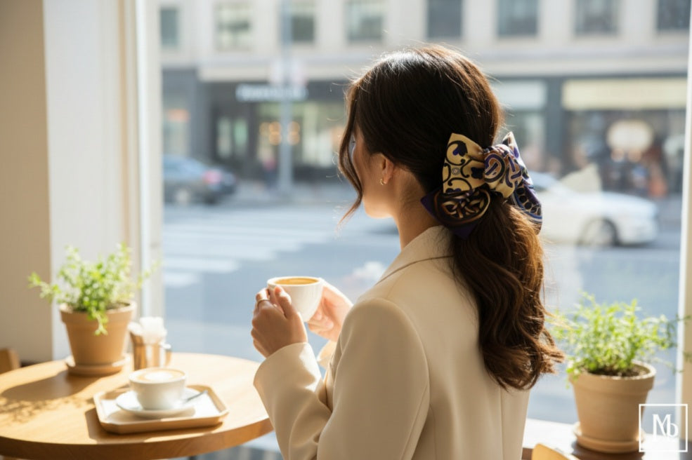 Georgian ornament silk hair bow azure – back view detail