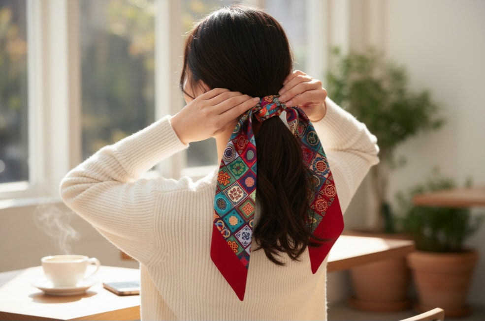 Ornament silk scarf traditional Caucasian pattern red – model wearing scarf