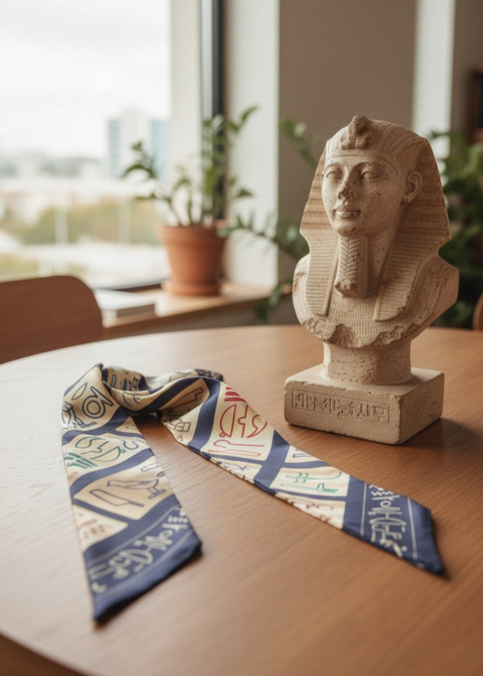 Ancient Egypt hieroglyphic pharaoh thin silk scarf first edition – model wearing scarf
