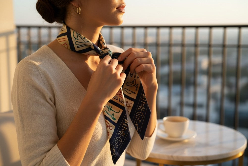 Ancient Egypt hieroglyphic pharaoh thin silk scarf first edition – draped display