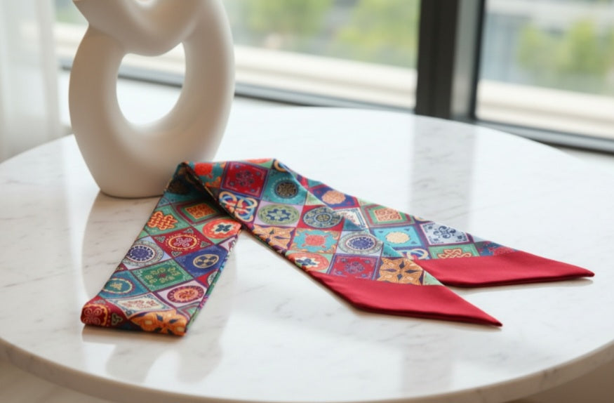 Ornament silk scarf traditional Caucasian pattern red – pattern close-up