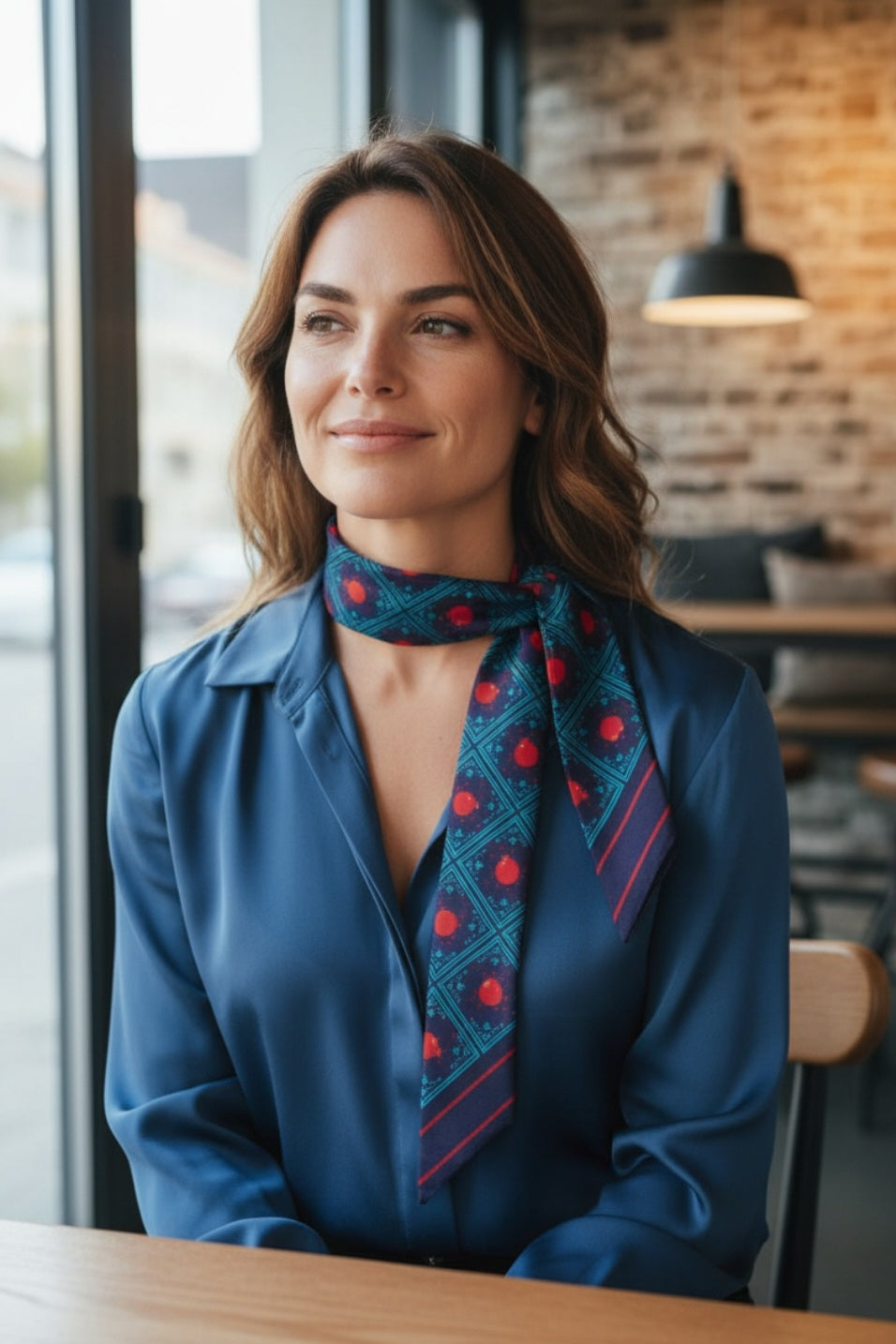 Pomegranate thin scarf second edition – model wearing scarf