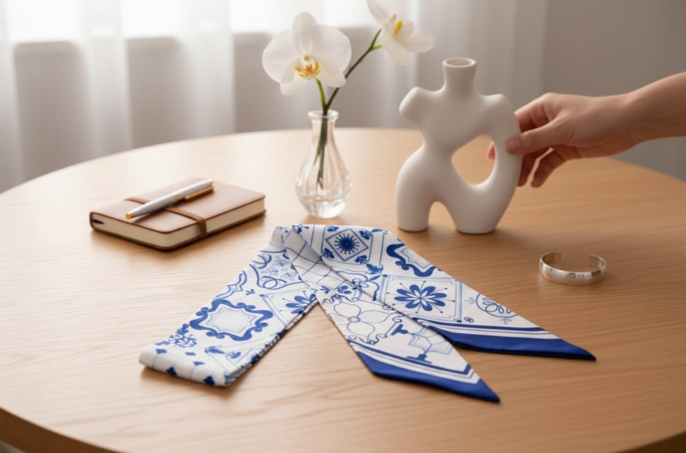 Blue and white azulejo art silk scarf – lifestyle wear photo