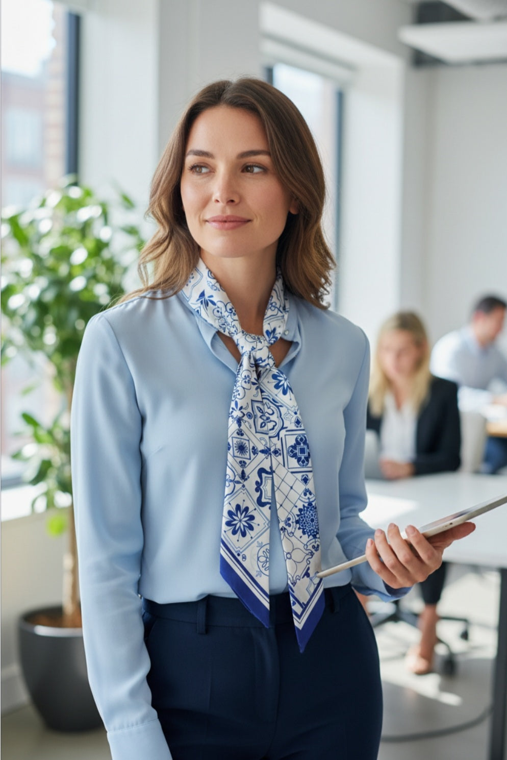 Blue and white azulejo art silk scarf – model wearing scarf
