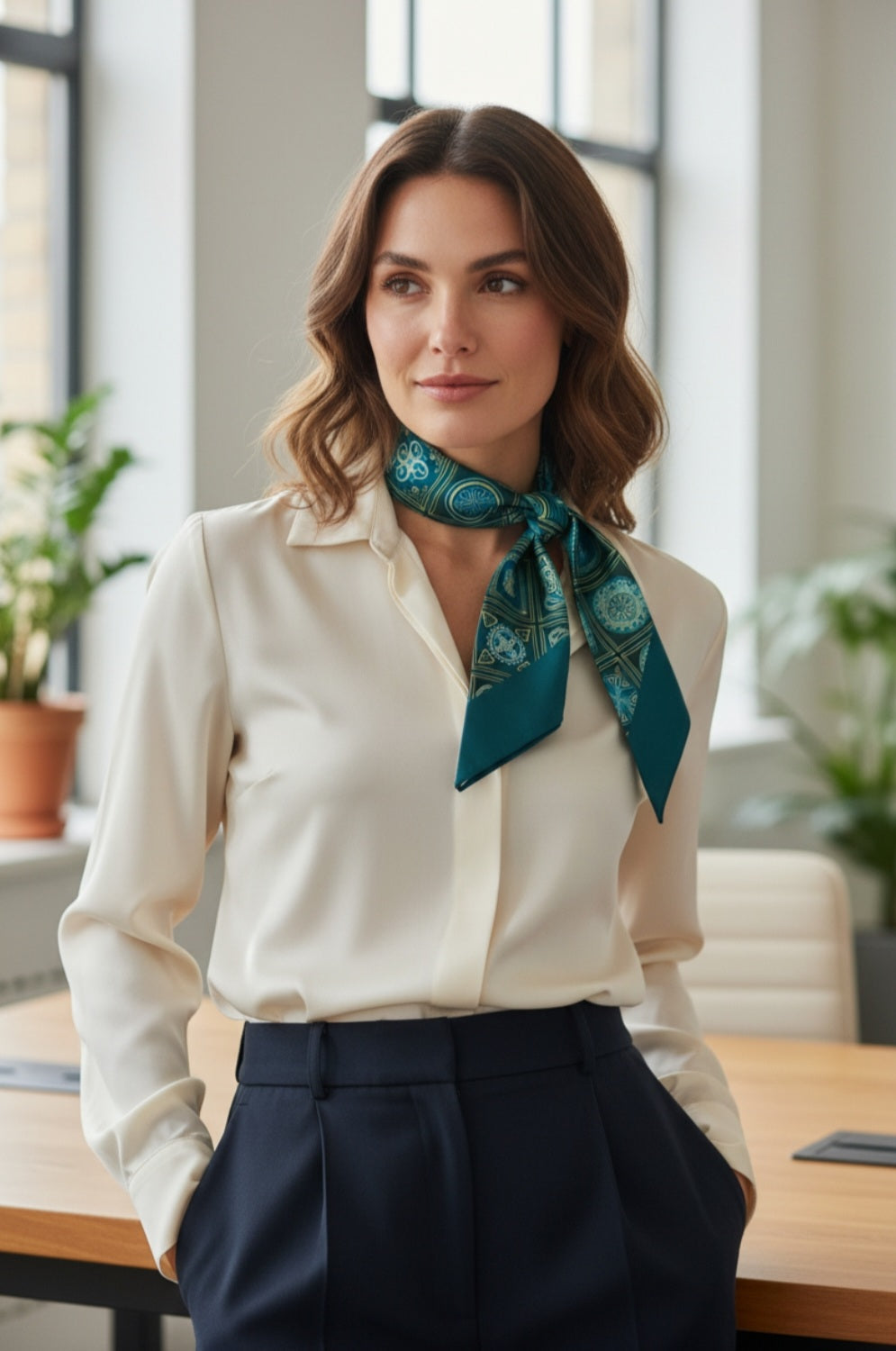Traditional Caucasian pattern thin scarf green – model wearing scarf