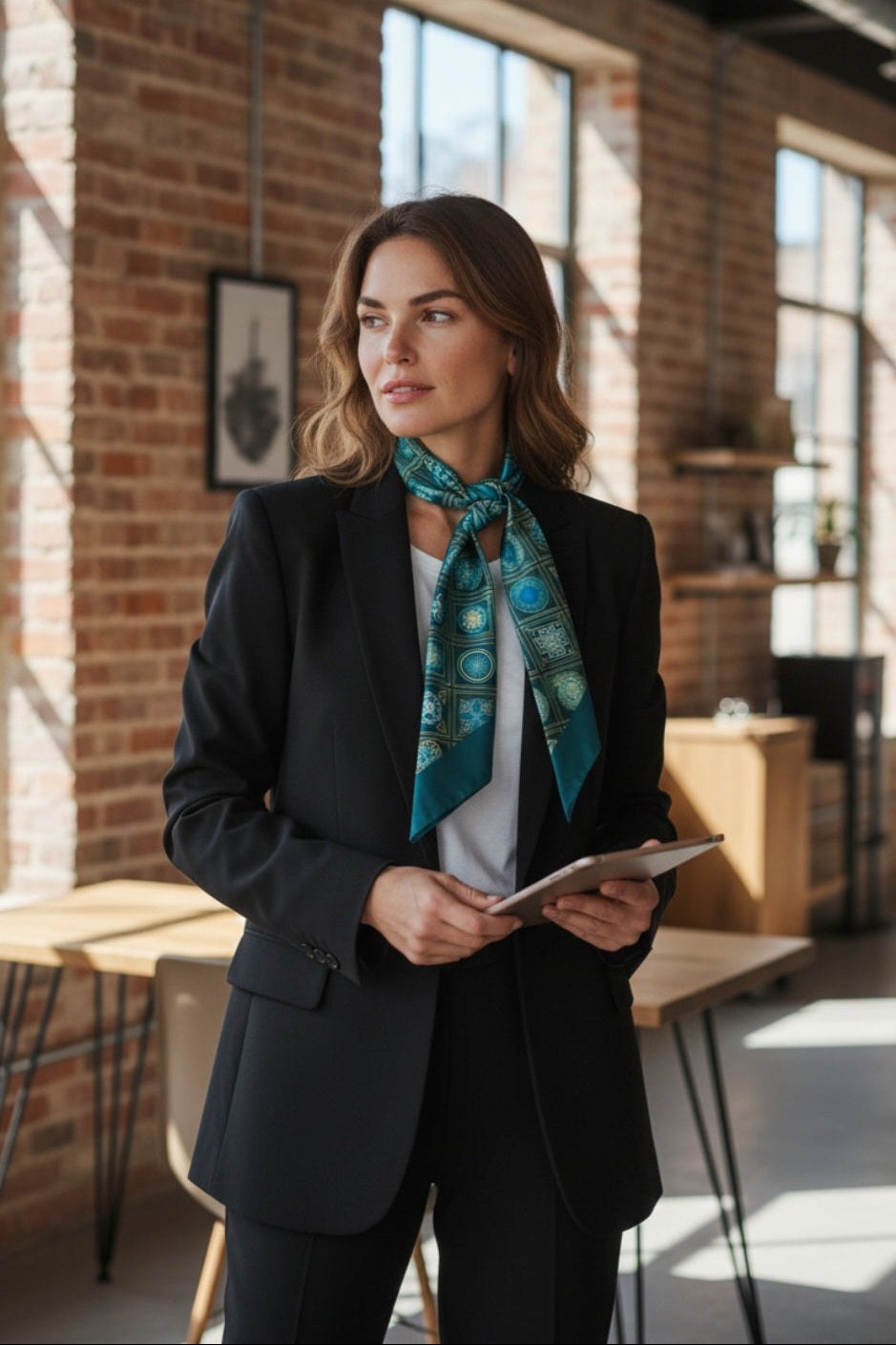 Traditional Caucasian pattern thin scarf green – draped display