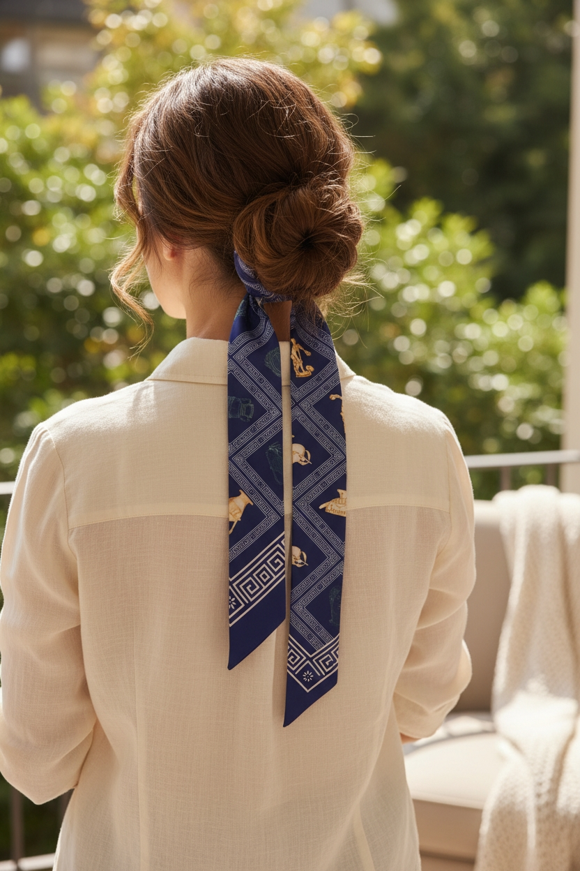 Greece-inspired thin scarf – model wearing scarf
