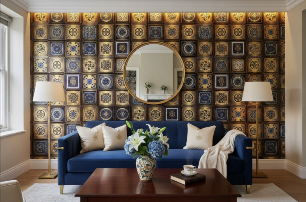 Echoes of East and West golden blue – pattern close-up detail