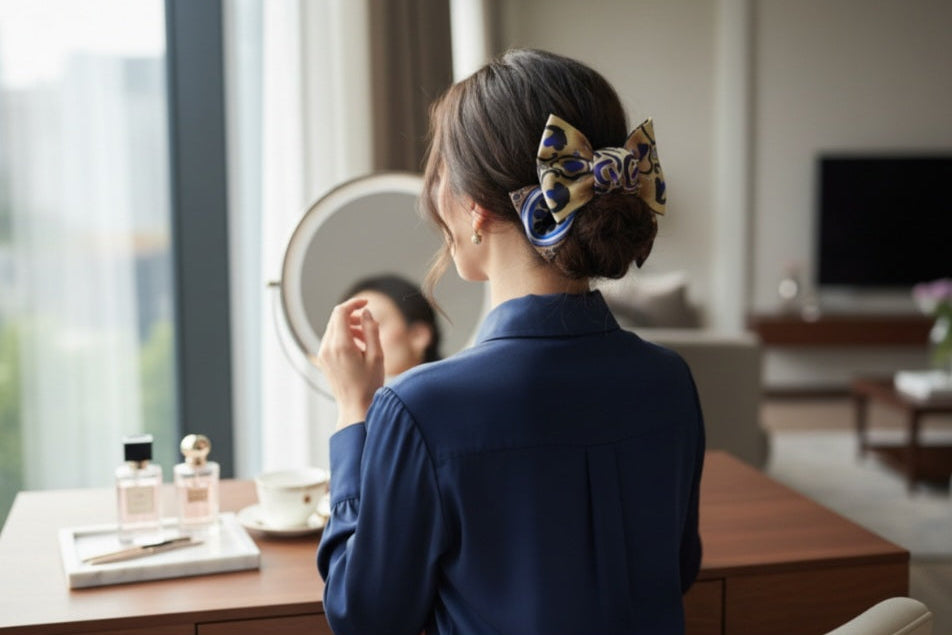Georgian ornament silk hair bow azure – gift display