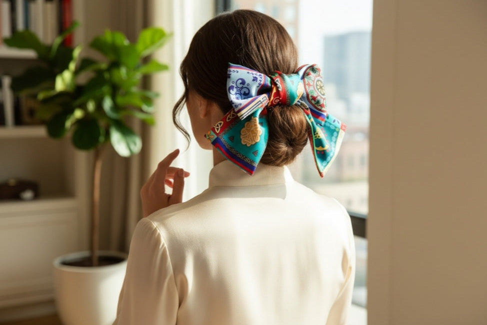 Georgian ornament silk hair bow multicolor – model wearing accessory