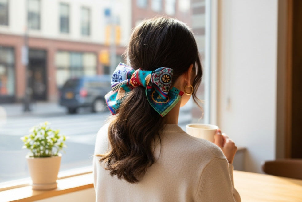 Georgian ornament silk hair bow multicolor – gift display