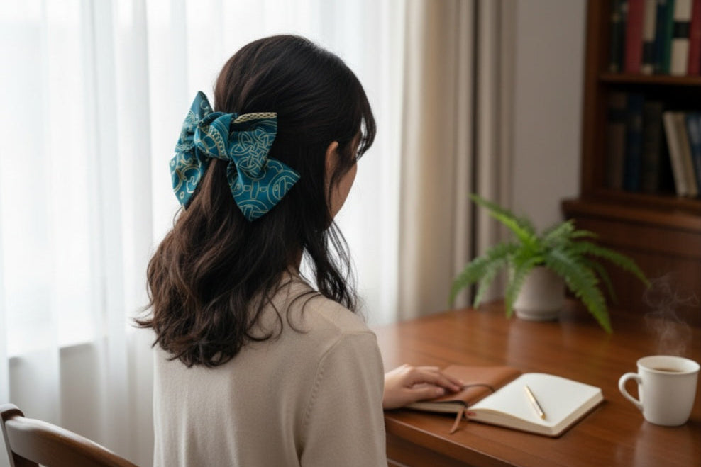 Georgian ornament silk hair bow green – gift display
