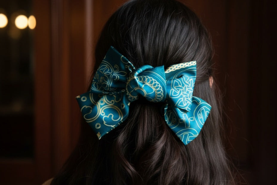 Georgian ornament silk hair bow green – model wearing accessory