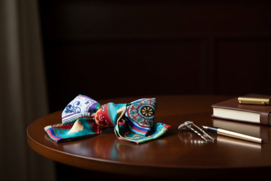 Georgian ornament silk hair bow multicolor – flat lay product photo