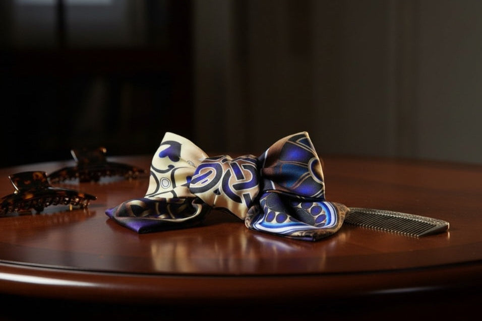 Georgian ornament silk hair bow azure – flat lay product photo