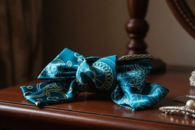 Georgian ornament silk hair bow green – flat lay product photo