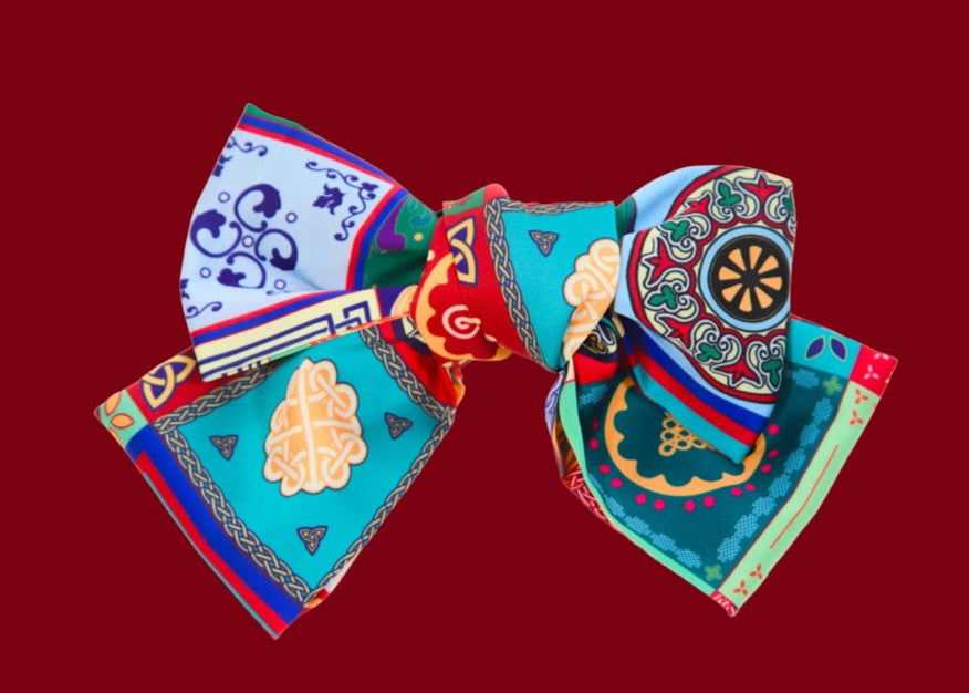 Georgian ornament silk hair bow multicolor – handmade ornamental pattern accessory