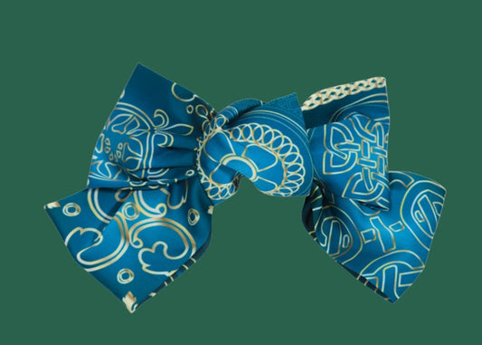 Georgian ornament silk hair bow green – emerald gold ornamental pattern accessory