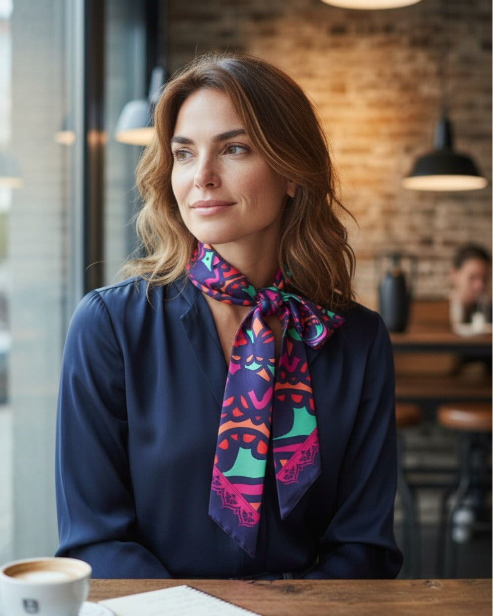 Indian silk scarf mandala pattern black white – model wearing scarf