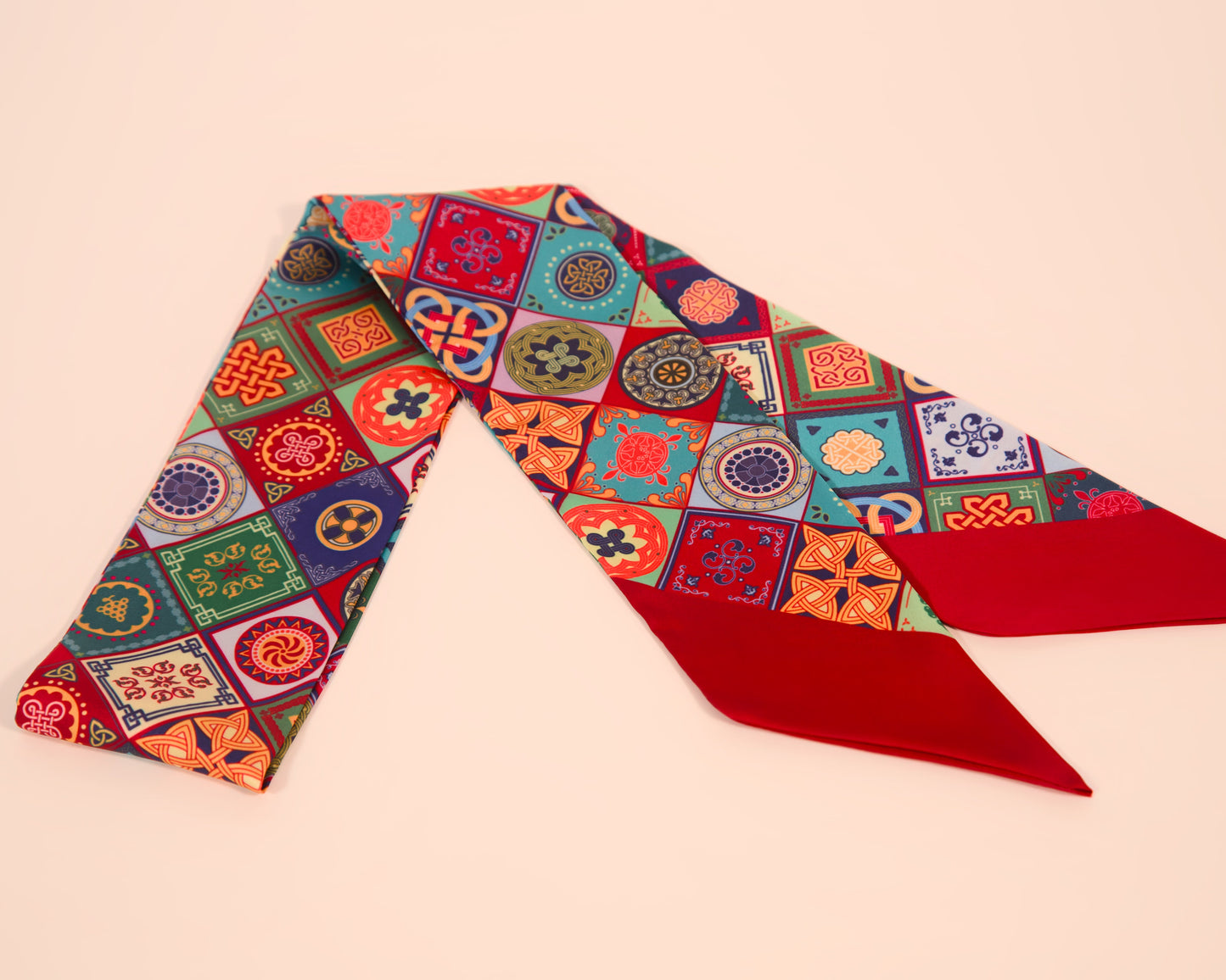 Ornament silk scarf traditional Caucasian pattern red – luxury ornamental fashion accessory