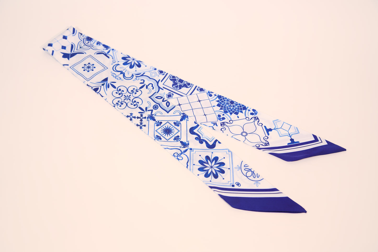 Blue and white azulejo art silk scarf – flat lay view