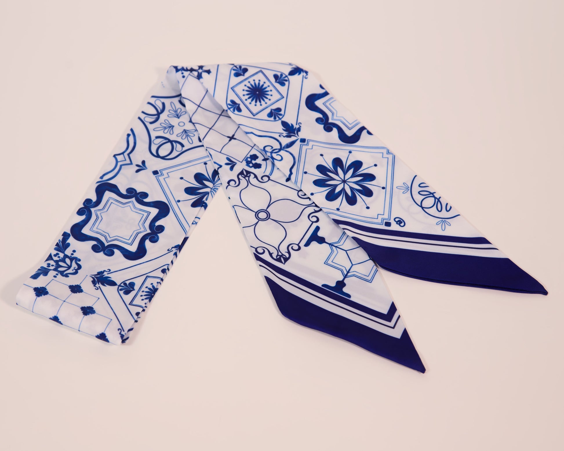Blue and white azulejo art silk scarf – Portugal inspired thin fashion accessory
