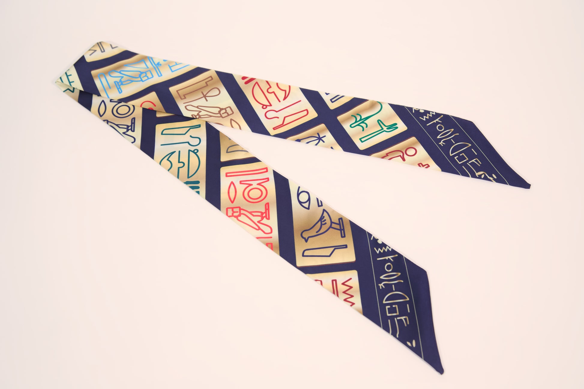 Ancient Egypt hieroglyphic pharaoh thin silk scarf first edition – flat lay view
