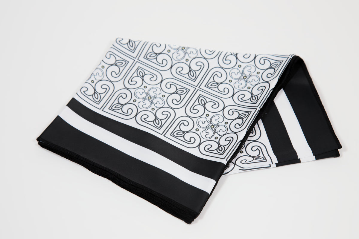 Black white ornament silk scarf – lifestyle wear photo