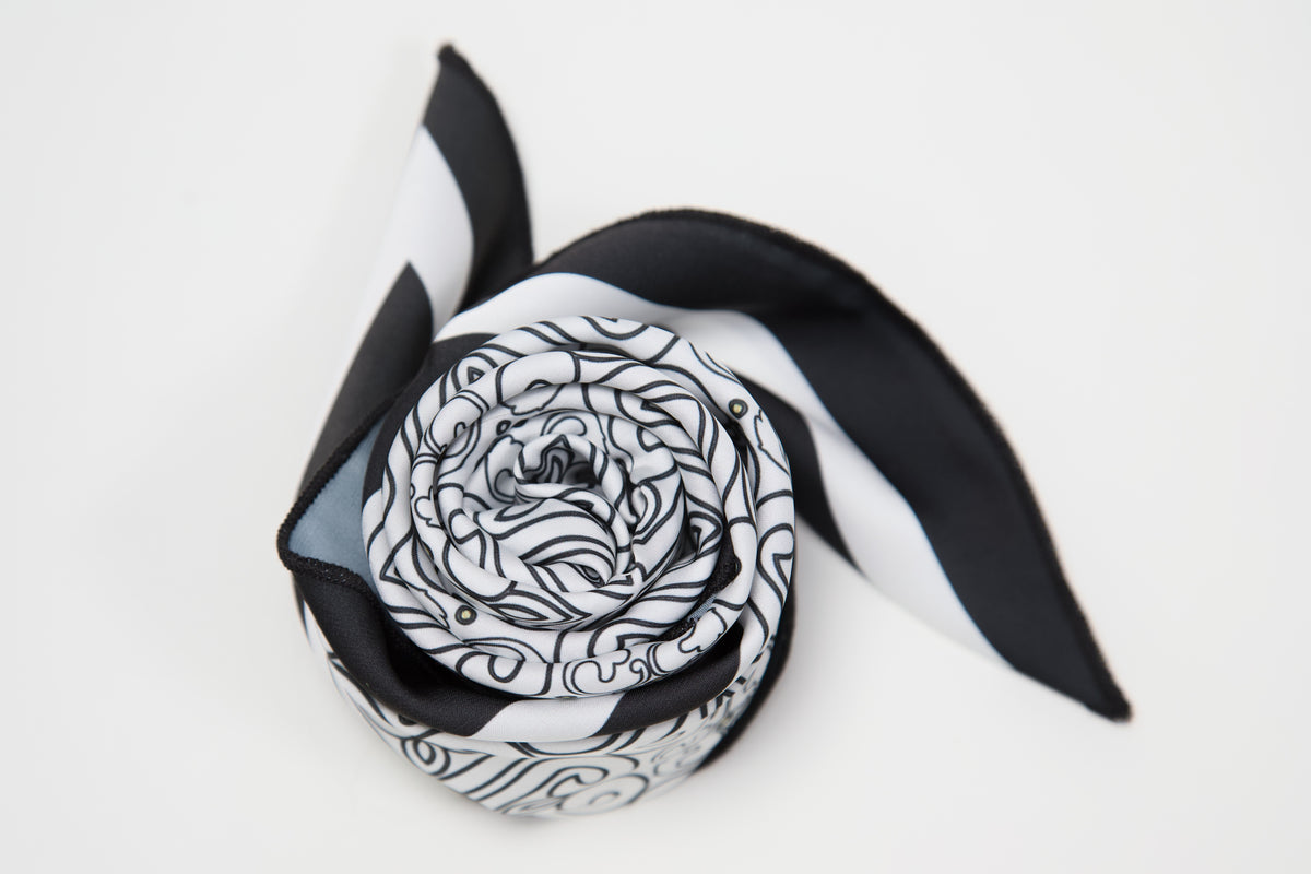 Black white ornament silk scarf – flat lay view