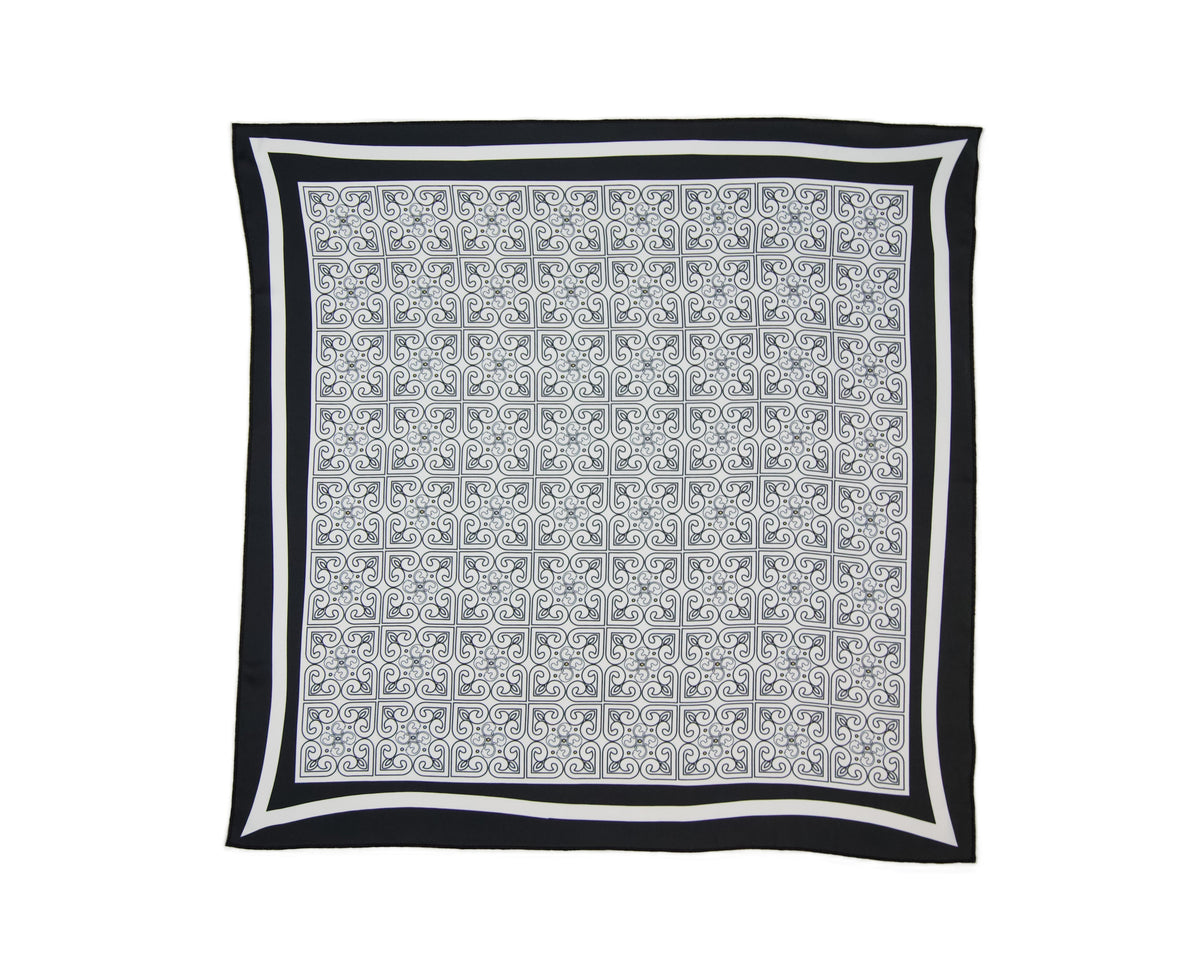 Black white ornament silk scarf – lightweight minimalist fashion accessory