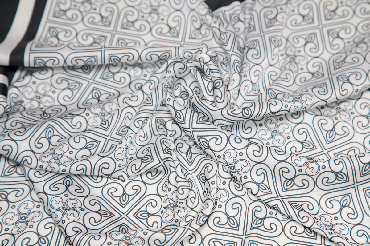 Black white ornament silk scarf – pattern close-up detail