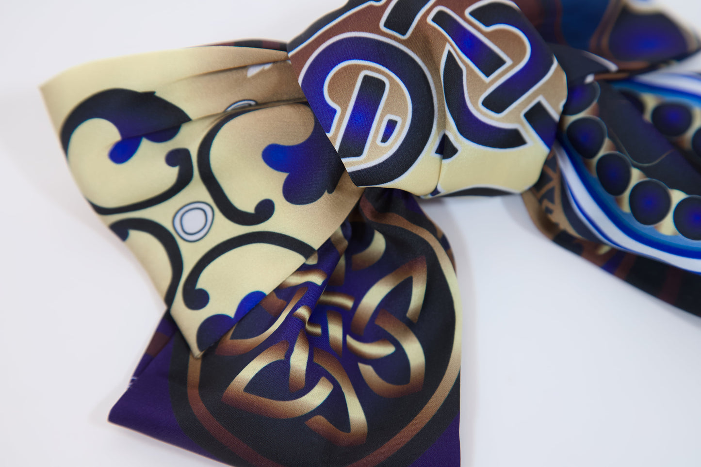 Georgian ornament silk hair bow azure – lifestyle wear photo