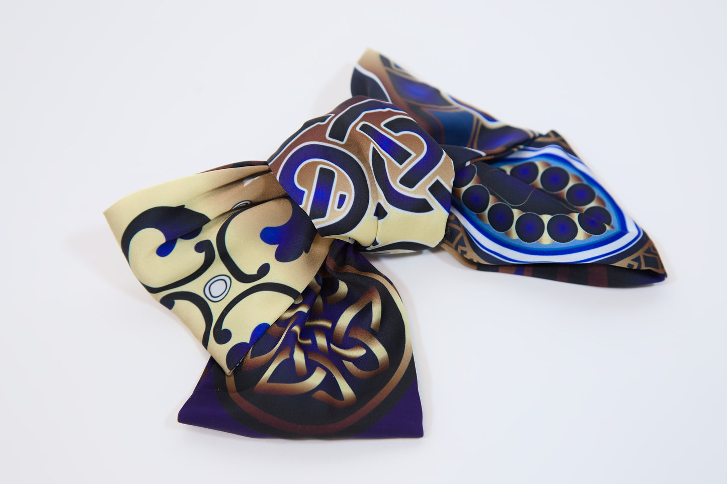 Georgian ornament silk hair bow azure – side view detail